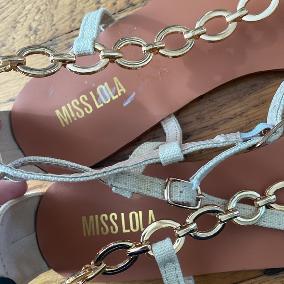 New Miss Lola "TYREE" Gold Chain Canvas Sandals Size 8.5 - Picture 6 of 10